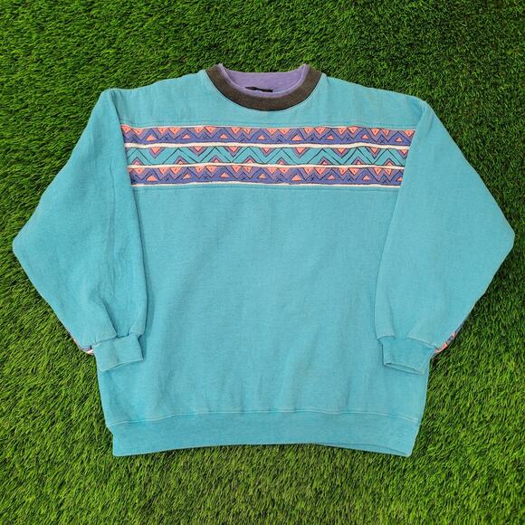 Vintage 90s MOD Aztec Sweatshirt Womens XL 23x24 Blue USA - Picture 1 of 11